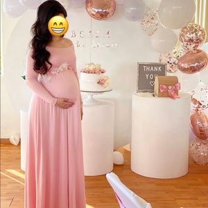 PinkBlush Pink Solid Off Shoulder Maternity Maxi Dress
